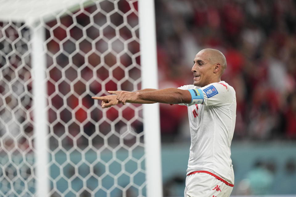 Wahbi Khazri celebra tras marcar el primer gol de Túnez en el partido contra Francia por el Grupo D del Mundial, el miércoles 30 de noviembre de 2022, en Rayán, Qatar. (AP Foto/Martin Meissner)