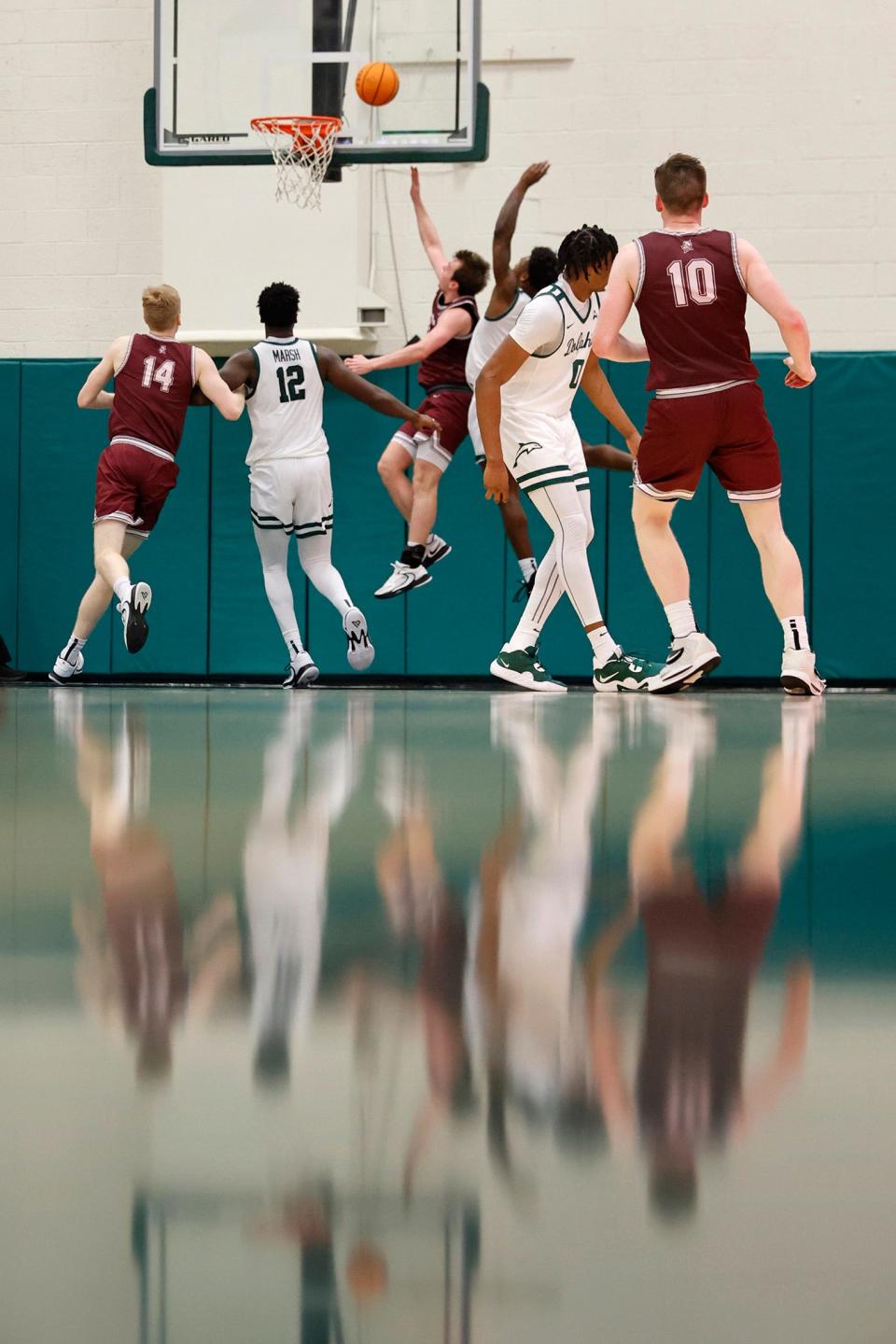 Bellarmine Knights guard Ben Johnson (33) scores during the second half of an ASUN Conference mens basketball matchup Wednesday, Feb. 22, 2023 at Jacksonville University's Swisher Gymnasium in Jacksonville, Fla. The Bellarmine Knights defeated the Jacksonville Dolphins 63-61. 