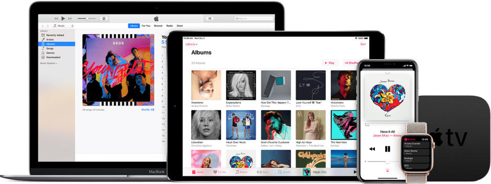 Apple Music interface shown on a Macbook, iPad, iPhone, Apple Watch, and an Apple TV.