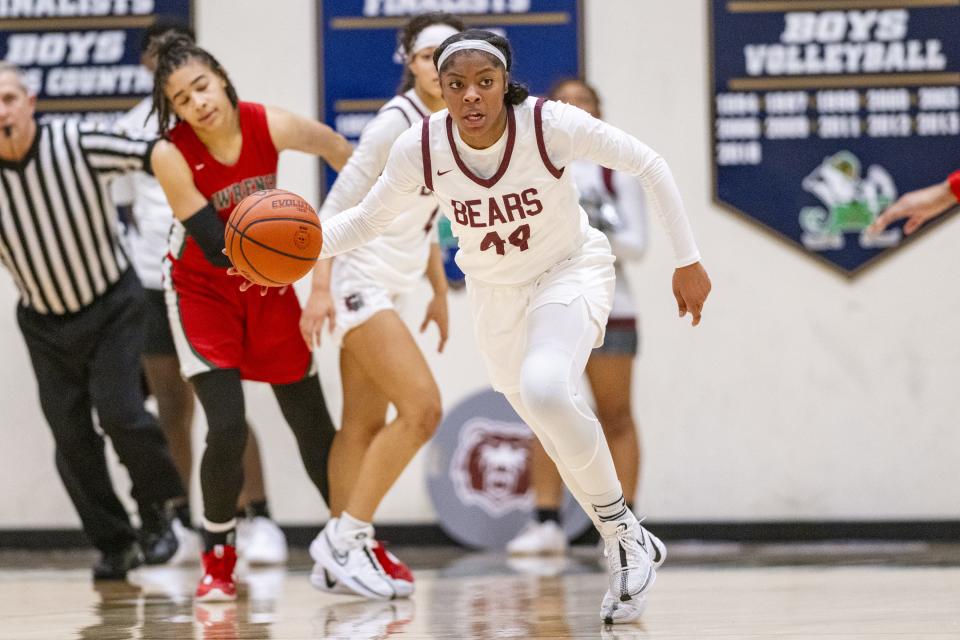 Lawrence Central High School junior Laila Abdurraqib (44) brings the bal up court during the first half of an IHSAA Class 4A Sectional semi-final basketball game against Lawrence North High School, Friday, Feb. 2, 2024, at Cathedral High School.