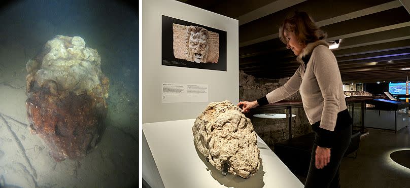 Modern discoveries by the Seine River Brigade divers include this "mascaron," stone molding in the shape of a mask.