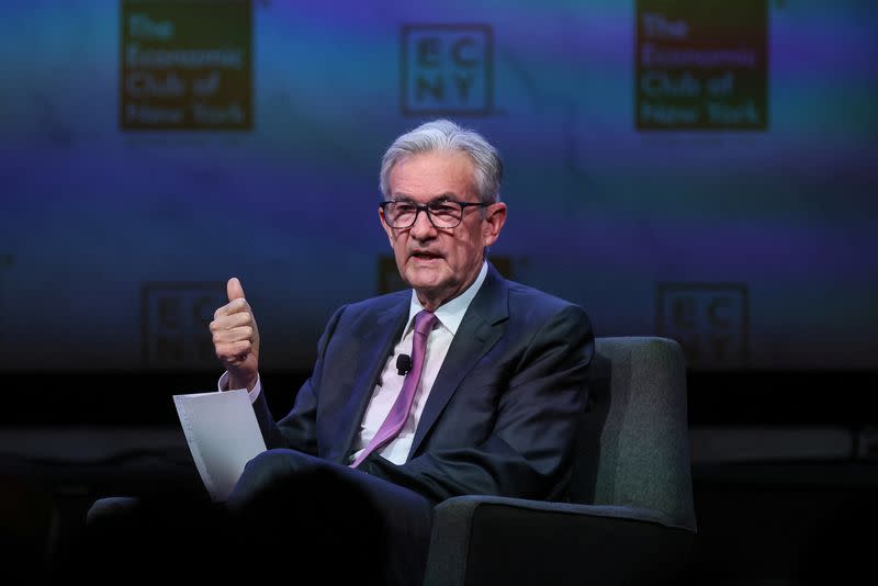 Federal Reserve Chairman Jerome Powell speaks during a meeting of the Economic Club of New York in New York