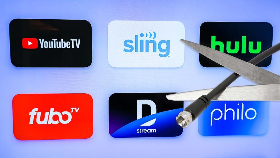 The YouTube TV, Sling TV, Hulu,  Philo, DirecTV Stream and FuboTV logos appear on a screen with a scissors cutting a coaxial cable wire in front.