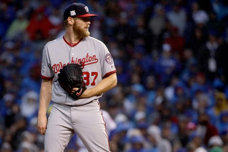 Stephen Strasburg of the Washington Nationals pitches in the seventh inning during game four of the National League Division Series against the Chicago Cubs, at Wrigley Field in Chicago, Illinois, on October 11, 2017