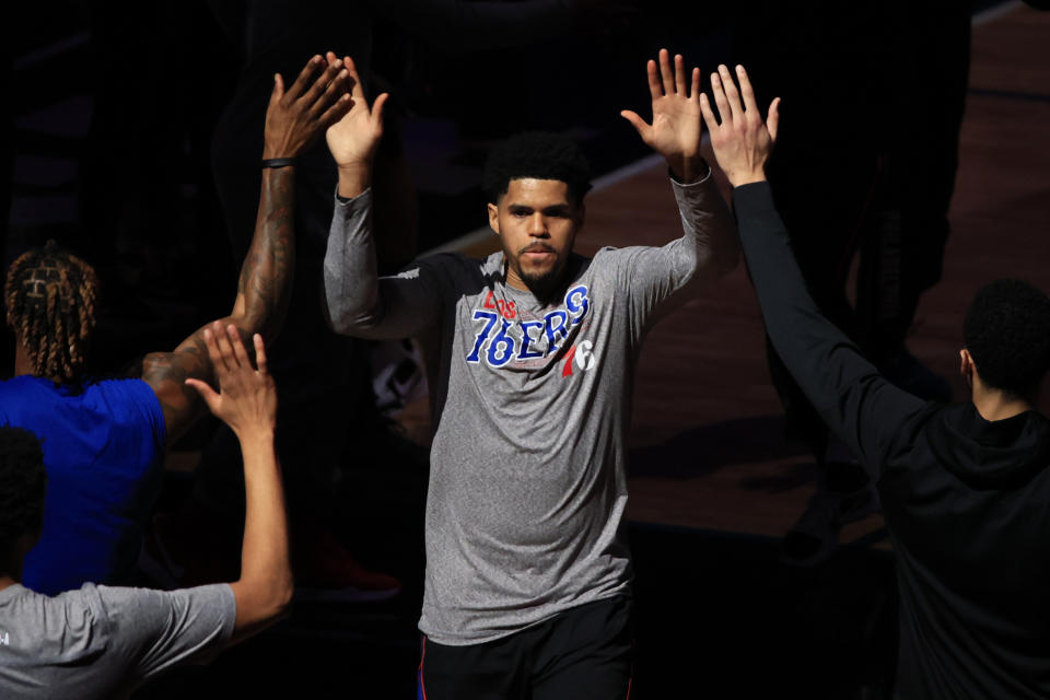 Tobias Harris #12 of the Philadelphia 76ers is introduced before the game against the Milwaukee Bucks at the Wells Fargo Center on March 17, 2021 in Philadelphia, Pennsylvania. NOTE TO USER: User expressly acknowledges and agrees that, by downloading and or using this photograph, User is consenting to the terms and conditions of the Getty Images License Agreement. (Photo by Corey Perrine/Getty Images)