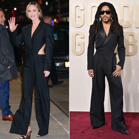 <p>Gotham/GC Images; Axelle/Bauer-Griffin/FilmMagic</p> A side by side of Emily Blunt and Lenny Kravitz in the same jumpsuit.