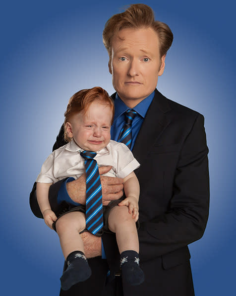 <b>CONAN O’BRIEN:</b> “Conan has got such a quaff of hair, it seems like its got its own postcode. Coincidentally, this baby had actually gone to a Halloween party with his parents dressed as Conan. He wasn’t supposed to cry, but there were flashes going off and hair and make up people around – or maybe he just didn’t like Conan. Only he knows. But I’m really pleased with what we got. I think the crying makes the image just that little bit stronger.”