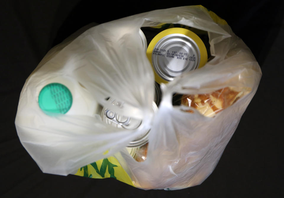 Items in a supermarket plastic bag, as English shoppers face a 5p charge for plastic carrier bags from today as part of a Government scheme to reduce litter and protect wildlife.