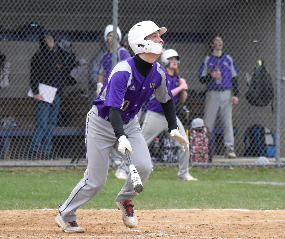 Sean Burdick, pictured in an April 18 game against Little Falls, homered twice Friday in the West Canada Valley Indians’ 19-1 win over Herkimer.