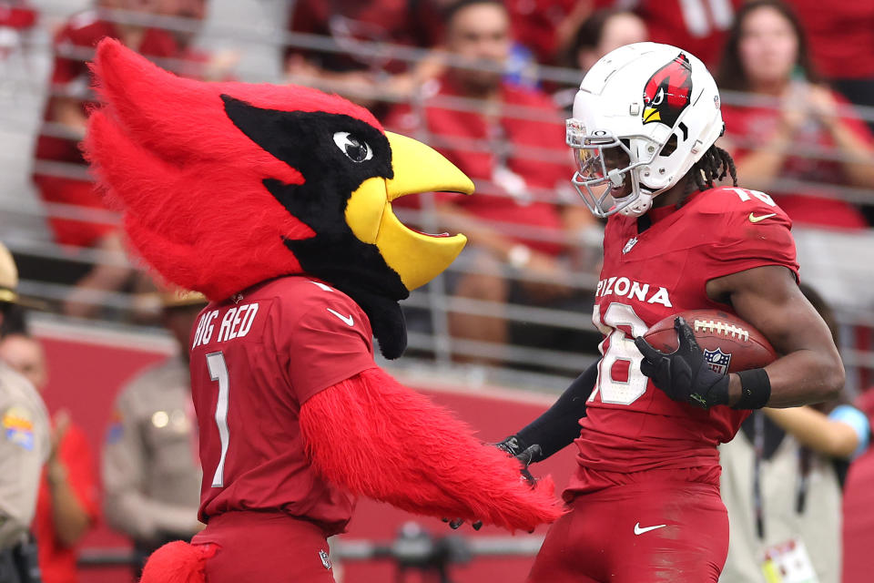 GLENDALE, ARIZONA - SEPTEMBER 15: Marvin Harrison Jr. #18 of the Arizona Cardinals celebrates a touchdown during the first quarter against the Los Angeles Rams at State Farm Stadium on September 15, 2024 in Glendale, Arizona. (Photo by Christian Petersen/Getty Images)