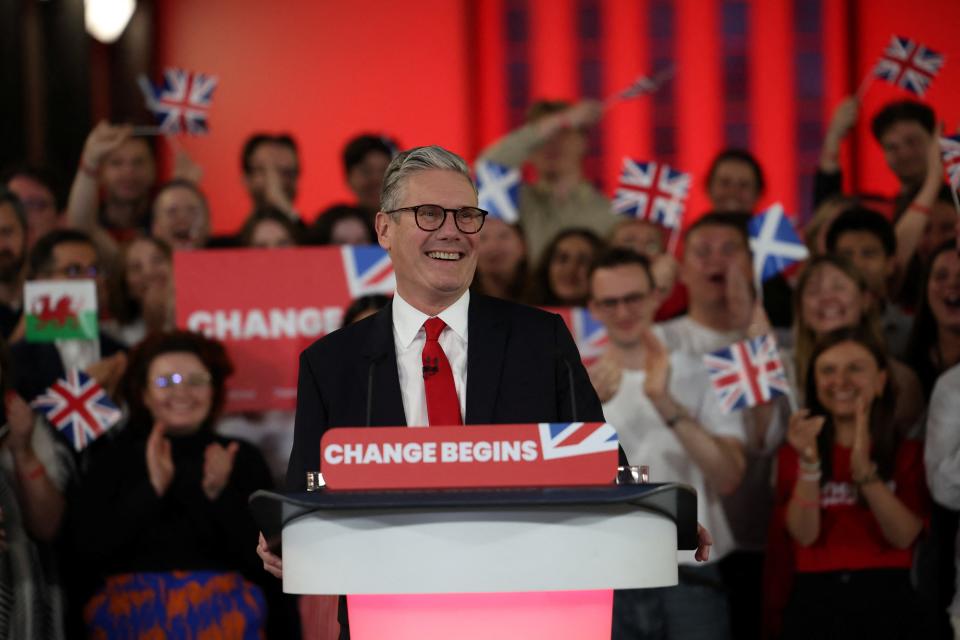 Keir Starmer, leader of Britain's Labour party, addresses his supporters at a reception to celebrate his win in the election, at Tate Modern, in London, (REUTERS)