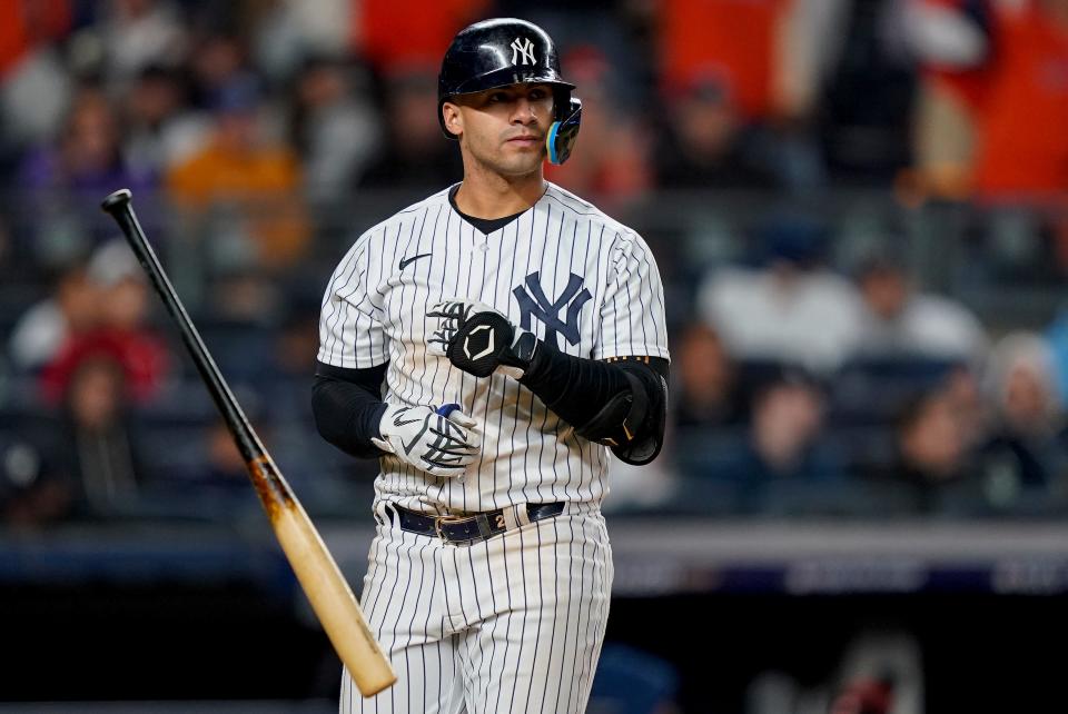 New York Yankees Gleyber Torres tosses his bat after striking out against the Houston Astros to end the seventh inning of Game 4 of an American League Championship baseball series, Sunday, Oct. 23, 2022, in New York. (AP Photo/John Minchillo)