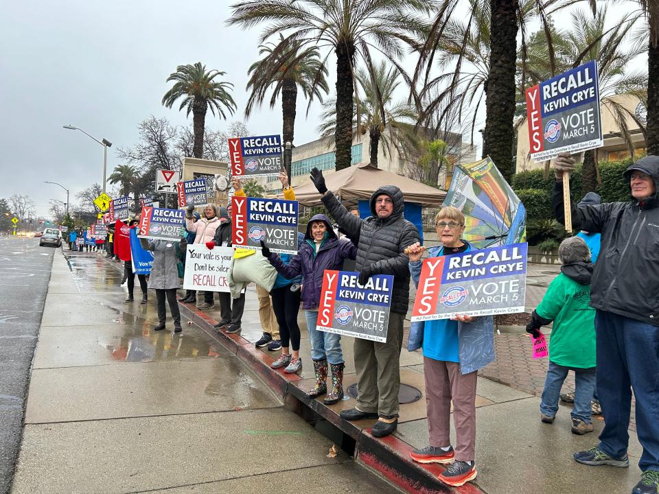 About 70 supporters of the attempt to recall District 1 Supervisor Kevin Crye rallied outside before the Tuesday, Jan. 9, 2024, Shasta County Board of Supervisors meeting.