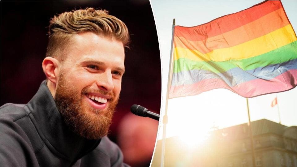 KC Chiefs kicker Harris Butker, left; right: pride flag shining in sunlight