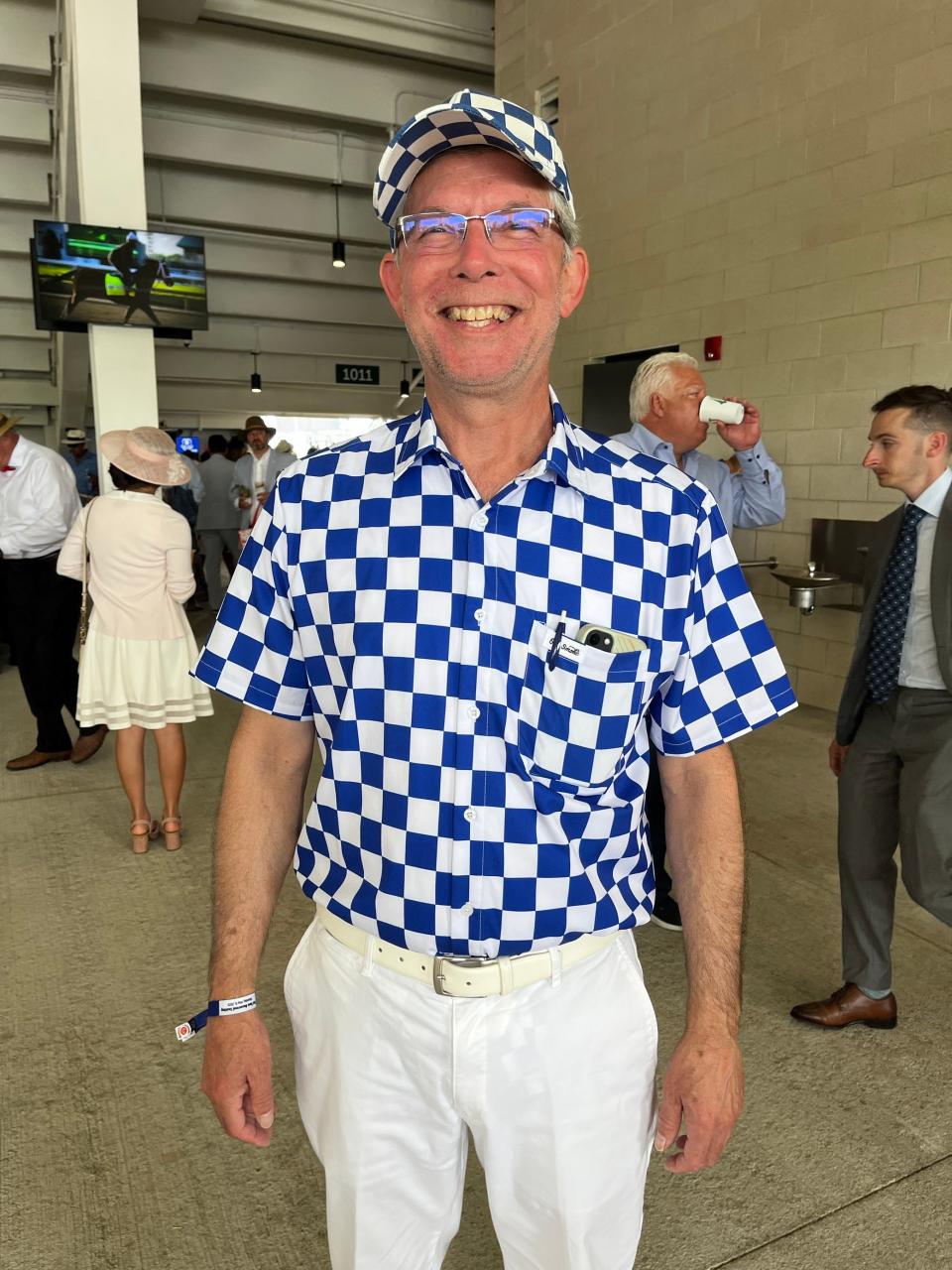 Jeff Duvilla of New Jersey shows off his Kentucky Derby attire.