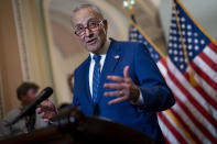 FILE - Senate Majority Leader Chuck Schumer, D-N.Y., speaks with reporters following a closed-door caucus lunch, at the Capitol in Washington, June 22, 2022. “Every Republican Senator knew this would happen if they voted to confirm these radical justices,” said Schumer after the Supreme Court ruling to overturn its 1973 Roe v. Wade decision. (AP Photo/J. Scott Applewhite, File)