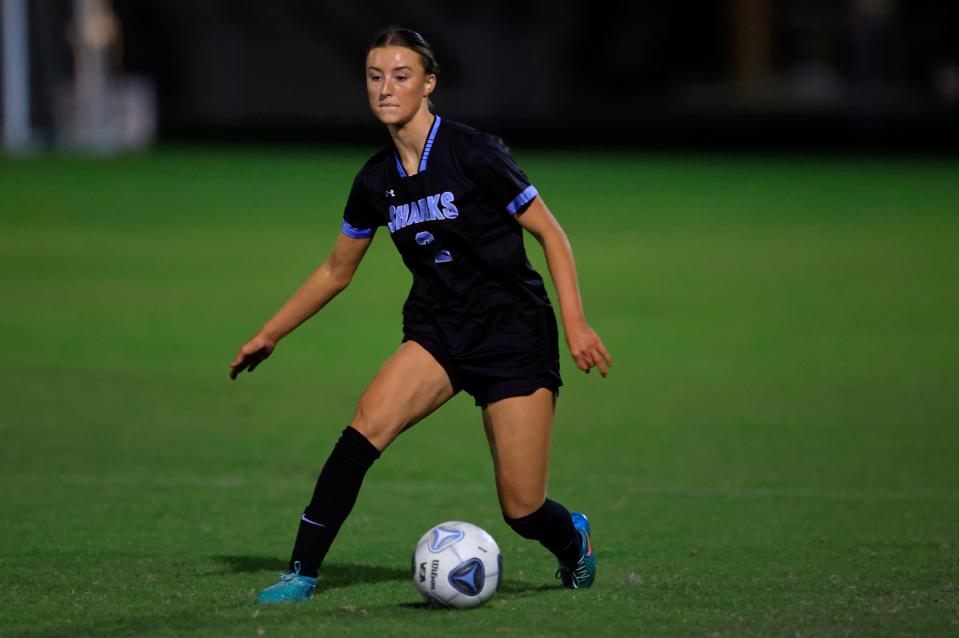 Ponte Vedra's Natalie Brooks (2) dribbles the ball during the first half of a FHSAA District 3-6A high school girls soccer championship against Nease on Jan. 31.