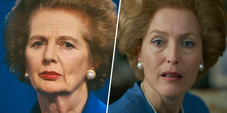 (Left) Prime Minster Margaret Thatcher at the 1990 Conservative Party Conference in Blackpool, England. (Right) Gillian Anderson as Margaret Thatcher in 
