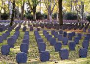 A field of graves belonging to WWI soldiers in the main cemetery in Frankfurt, Germany, Saturday, Nov. 3, 2018. German Chancellor Angela Merkel will mark the 100th anniversary of the end of World War I on French soil, and President Frank-Walter Steinmeier will be in London’s Westminster Abbey for a ceremony with the queen. But in Germany, there are no national commemorations planned for the centenary of the Nov. 11 armistice that brought an end to the bloody conflict that killed more than 2 million of its troops and left 4 million wounded. That’s because the armistice did not bring peace to Germany. (AP Photo/Michael Probst)