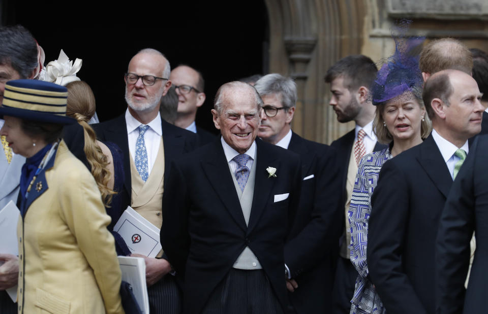 WINDSOR, ENGLAND - MAY 18: Prince Philip, Duke of Edinburgh leaves after the wedding of Lady Gabriella Windsor and Thomas Kingston at St George's Chapel, Windsor Castle on May 18, 2019 in Windsor, England. (Photo by Frank Augstein  - WPA Pool/Getty Images)