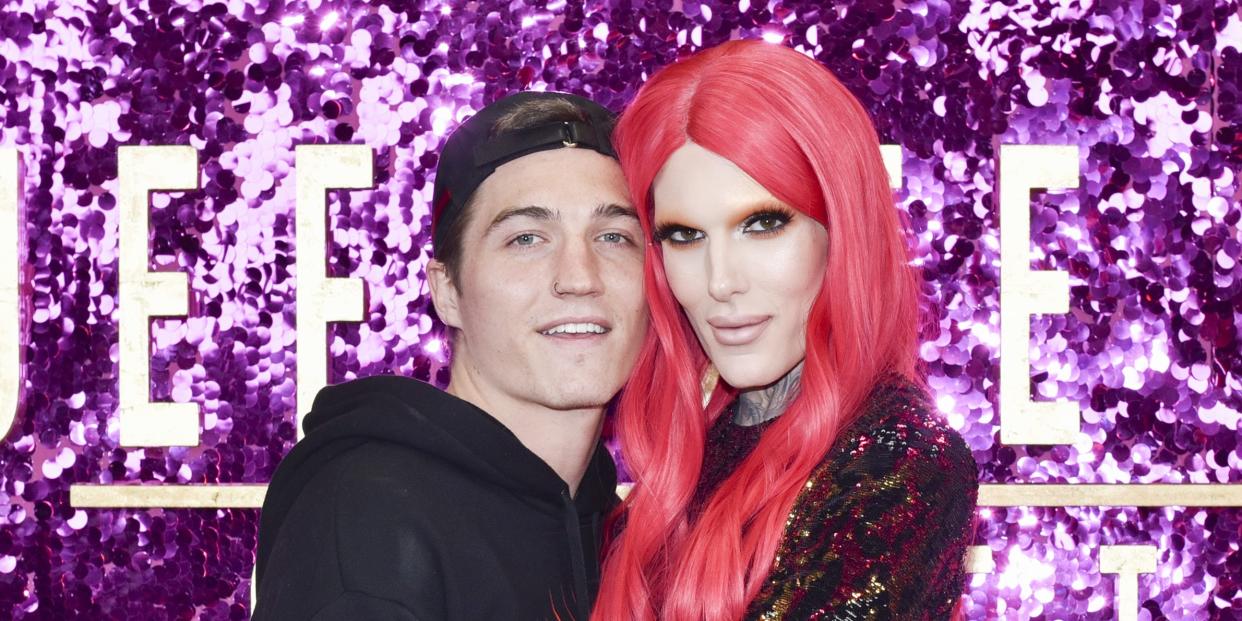 Singer-songwriter Jeffree Star (R) and Nathan Schwandt pose for portrait at the 3rd annual RuPaul's DragCon at Los Angeles Convention Center on April 30, 2017 in Los Angeles, California.