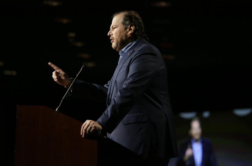 FILE - In this Oct. 30, 2018, file photo Salesforce CEO Marc Benioff speaks at a SPUR luncheon in San Francisco. In a forthcoming book, “Trailblazer,” due out Oct. 15, 2019, Benioff calls on activist CEOs to lead a revolution that puts the welfare of people and the planet ahead of profits. (AP Photo/Eric Risberg, File)