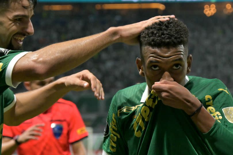 Palmeiras' forward Estevao Willian celebrates after scoring a goal during the Copa Libertadores group stage first leg football match between Brazil's Palmeiras and Uruguay's Liverpool at the Allianz Parque stadium in Sao Paulo, Brazil, on April 11, 2024.