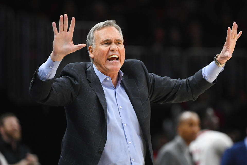 Houston Rockets coach Mike D'Antoni shouts to players during the second half of an NBA basketball game against the Atlanta Hawks, Wednesday, Jan. 8, 2020, in Atlanta. Houston won 122-115. (AP Photo/John Amis)