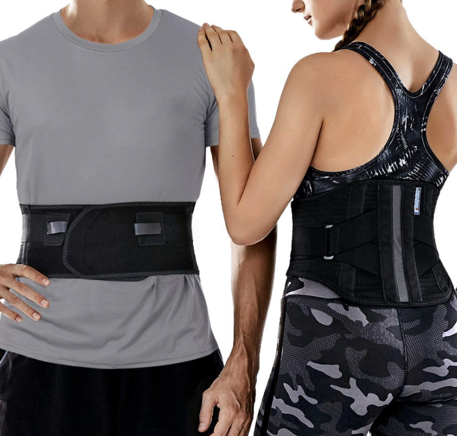 man and woman standing using Lower Back Brace with Removable Lumbar Pad (Photo via Amazon)