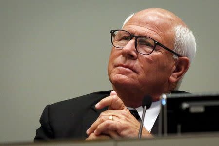 LAPD Police Commission President Steve Soboroff listens to a speaker against the death of Ezell Ford during a meeting of the Los Angeles Police Commission in Los Angeles, California June 9, 2015. REUTERS/Patrick T. Fallon