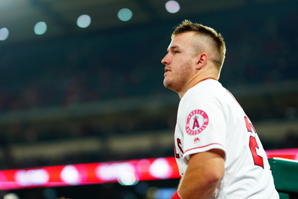 ANAHEIM, CA – SEPTEMBER 28: Mike Trout #27 of the Los Angeles Angels looks on during a game against the Oakland Athletics at Angel Stadium on September 28, 2018 in Anaheim, California. (Photo by Masterpress/Getty Images)