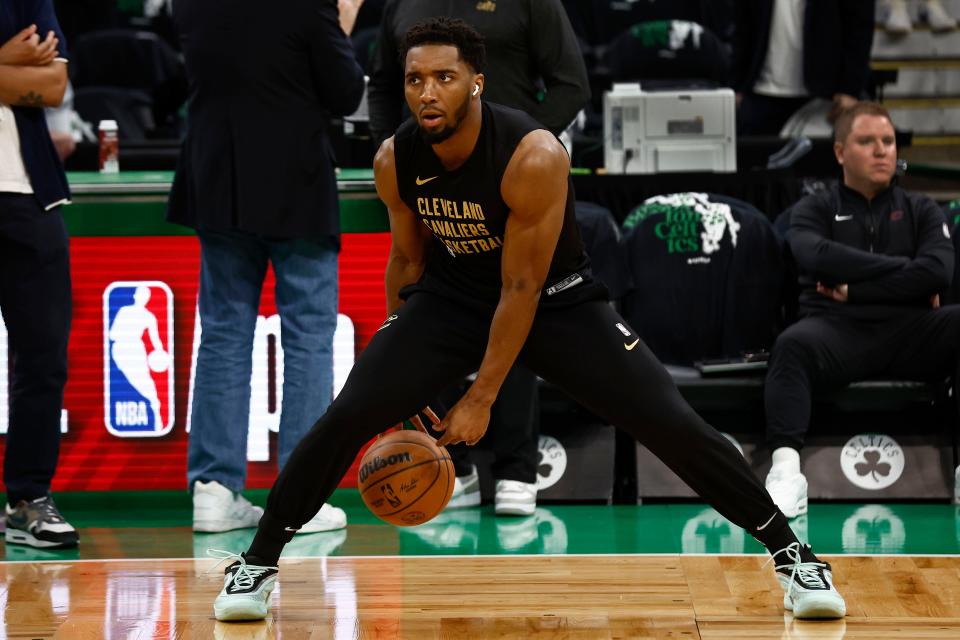 May 7, 2024; Boston, Massachusetts, USA; Cleveland Cavaliers guard Donovan Mitchell (45) dribbles before game one of the second round of the 2024 NBA playoffs against the Boston Celtics at TD Garden. Mandatory Credit: Winslow Townson-USA TODAY Sports