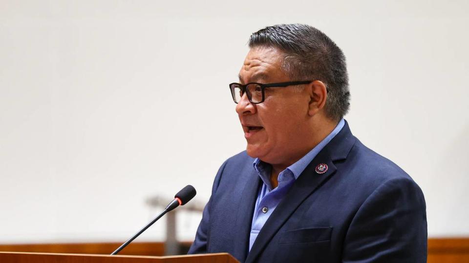 Congressman Salud Carbajal, D-Santa Barbara, addresses the Nuclear Regulatory Commission during its meeting at the Board of Supervisors chambers in San Luis Obispo on May 3, 2023. The commission was in town to discuss the potential relicensing and safety of Diablo Canyon nuclear power plant.