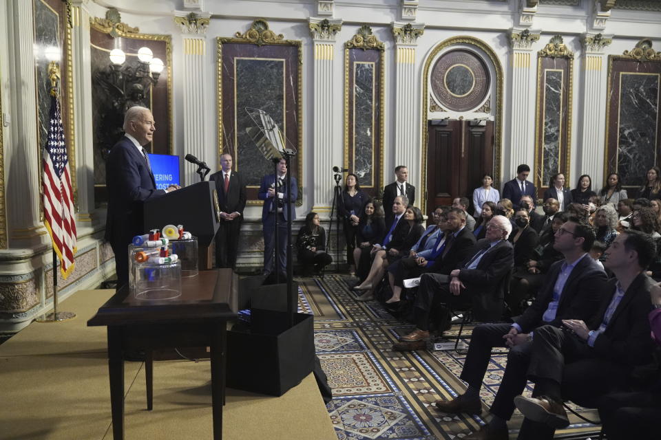 President Joe Biden speaks about lowering health care costs in the Indian Treaty Room at the Eisenhower Executive Office Building on the White House complex in Washington, Wednesday, April 3, 2024. (AP Photo/Mark Schiefelbein)