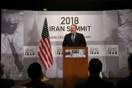 FILE PHOTO: U.S. Secretary of State Mike Pompeo speaks during the United Against Nuclear Iran Summit on the sidelines of the United Nations General Assembly in New York City, U.S. September 25, 2018. REUTERS/Darren Ornitz