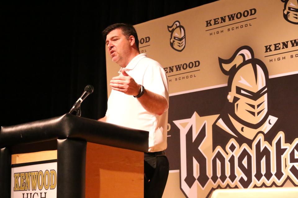 Kenwood athletics director Garry Chadwell is facing a charge of statutory rape. In this April 18, 2019 file photo, Chadwell talks to students and faculty during the introduction of Les Greer as the school's new football coach.