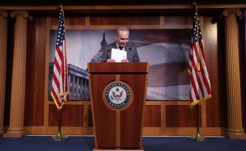 U.S. Senate Minority Leader Chuck Schumer speaks about COVID-19 response during news conference on Capitol Hill in Washington