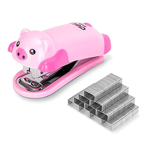Deli Mini Cute Piggy Desktop Stapler, Office Stapler, 12 Sheet Capacity, Includes Built-in Staple Remover & 1000PCS No.10 Staples