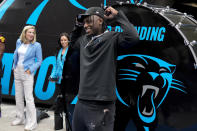 Carolina Panthers first round draft pick Xavier Legette poses before an NFL football press conference on Friday, April 26, 2024, in Charlotte, N.C. (AP Photo/Chris Carlson)