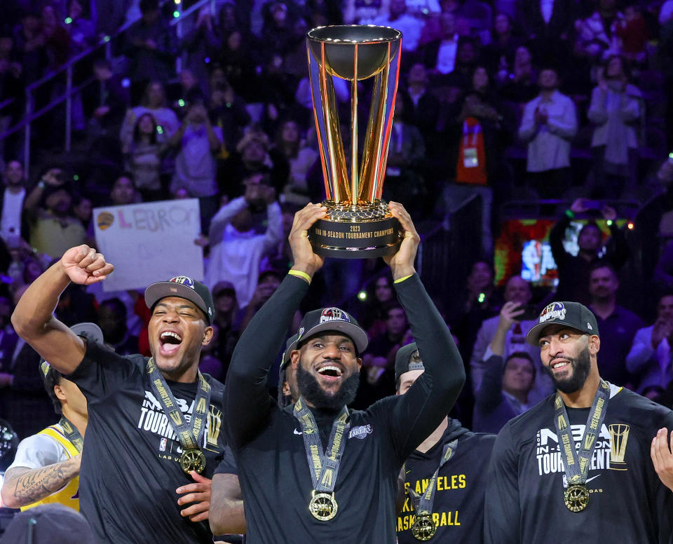 The Lakers' in-season tournament celebration will include a new banner at Crypto.com Arena. (Ethan Miller/Getty Images)