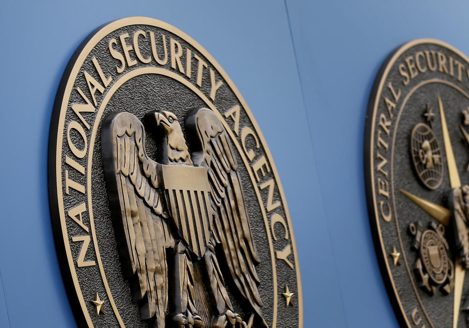 FILE - This June 6, 2013, file photo, shows a sign outside the National Security Administration (NSA) campus in Fort Meade, Md. The Senate Intelligence Committee three years ago secretly considered, but ultimately rejected, alternate ways for the National Security Agency to collect and store massive amounts of Americans’ phone records, The Associated Press has learned. (AP Photo/Patrick Semansky, File)