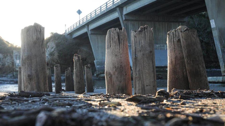 Recent storms have exposed the footings for the 1881 era Bridge No. 5 of the Pacific Coast Railway over San Luis Creek Jan. 23, 2023. That bridge was condemned and collapsed in 1981.