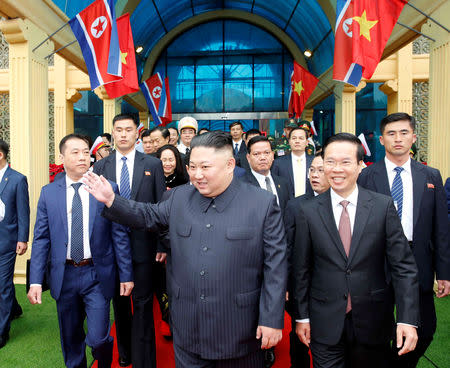 North Korea's leader Kim Jong Un (C) waves upon his arrival at the border town with China in Dong Dang, Vietnam, February 26, 2019. Nhan Sang/VNA via REUTERS.