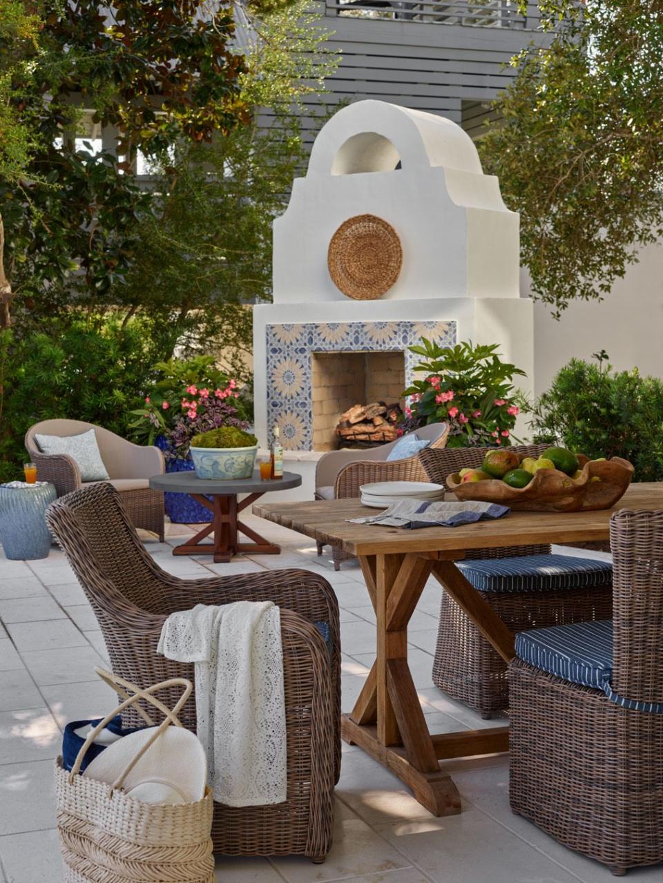 a table with baskets and food on it