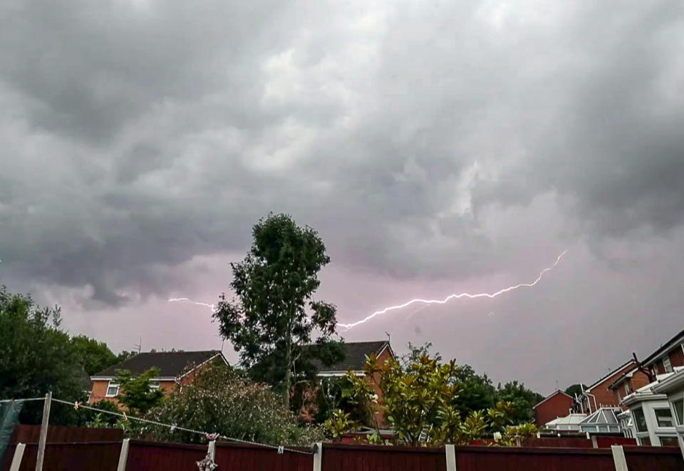 Screengrab taken from video of lightning strikes above Liverpool on Tuesday evening as violent thunderstorms swept across the north of England and Scotland, causing flash flooding in places.