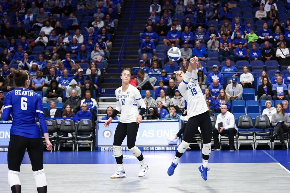 Kentucky sophomore libero Audrey Whitworth (19) receives a serve from Wofford during Thursday night’s NCAA Tournament opener in Rupp Arena.