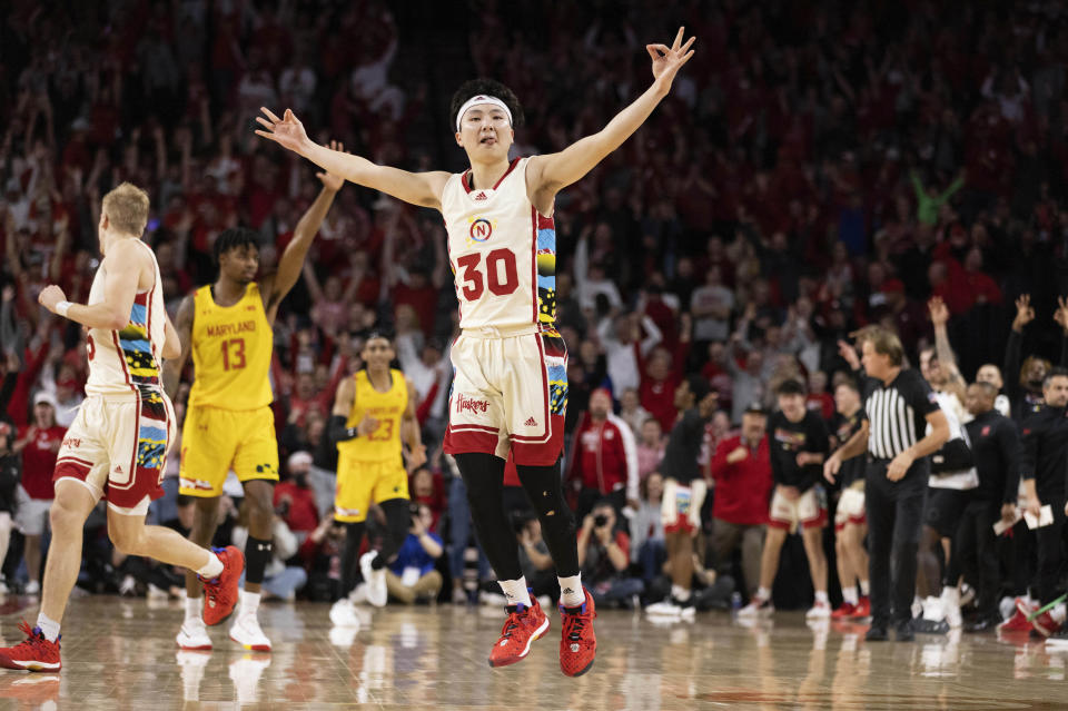 Nebraska's Keisei Tominaga (30) celebrates after hitting a 3-point basket against Maryland during overtime of an NCAA college basketball game Sunday, Feb. 19, 2023, in Lincoln, Neb. (AP Photo/Rebecca S. Gratz)