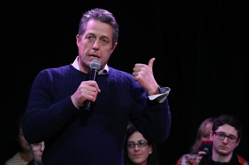 Actor Hugh Grant speaking to Liberal Democrat supporters in Walton-on-Thames, in the Esher & Walton constituency.