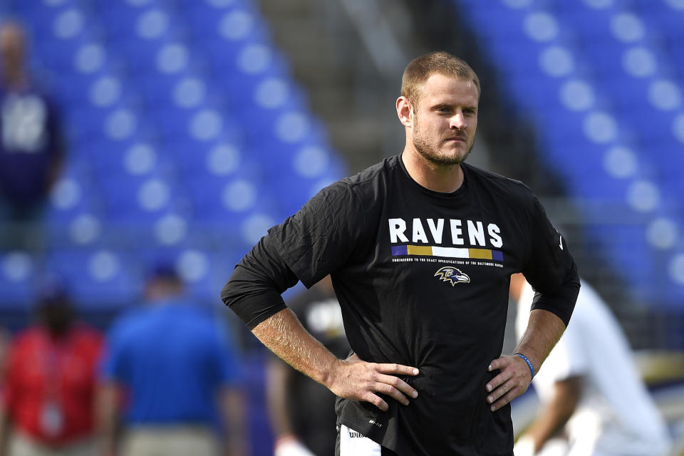 Baltimore Ravens quarterback Ryan Mallett stands on the field before a preseason NFL football game against the Buffalo Bills, Saturday, Aug. 26, 2017, in Baltimore. (Nick Wass / AP file)