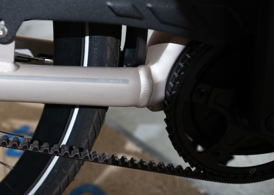 An e-bike at the Buzzards Bay Bikes shop called the Gazelle, features a cog belt instead of a chain for a smoother ride on the touring bike.